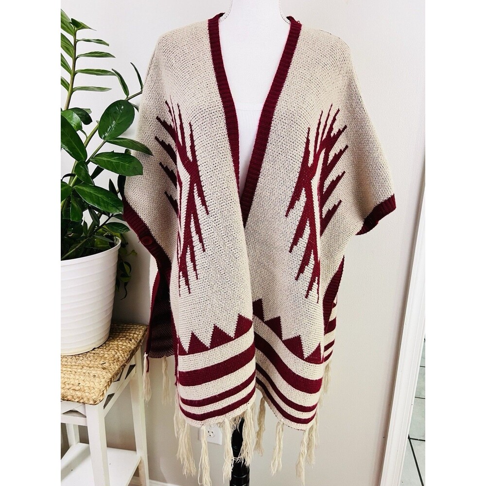 Alya Boho Wrap Style Sweater OS Cream Burgundy Tribal Geometric Fringe Knit Boho